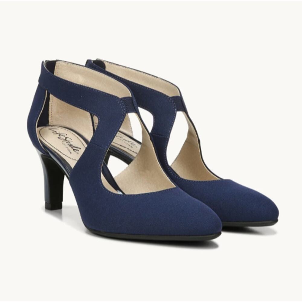 Lifestride Giovanna 2 Pump Heel Sandals Navy Blue 8.5 Wide EUC